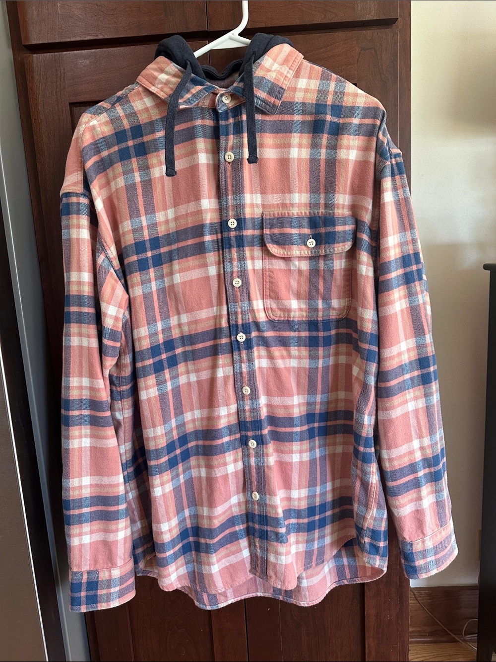 American Eagle Outfitters Pink and Blue Plaid Hooded Button-Down Shirt